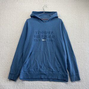 Tommy Hilfiger Classic Hoodie Men’s Blue Pullover Embroidered Logo Graphic Read